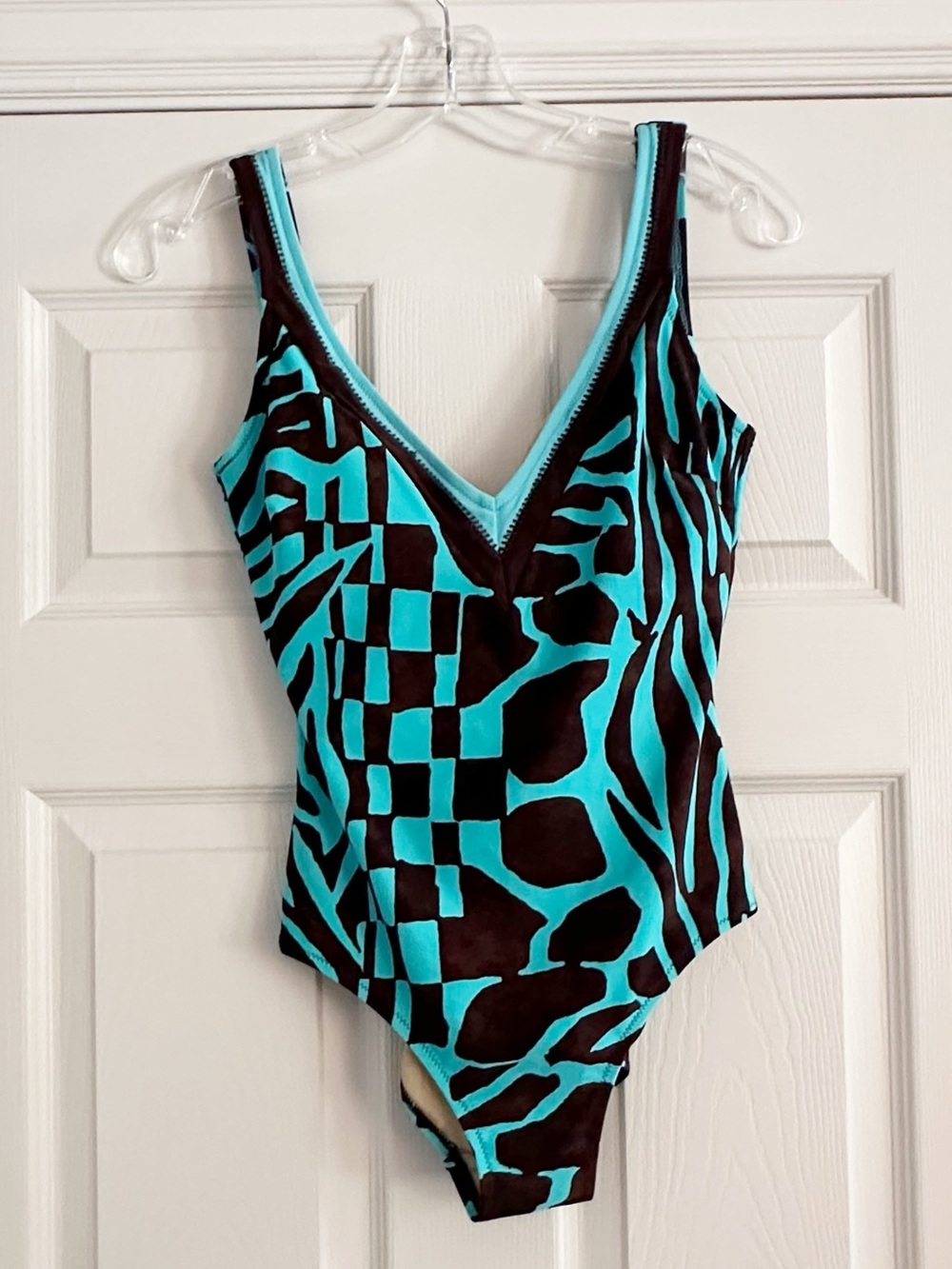 Gottex Animal Print One Piece Bathing Suit Blue Brown Swim Retro Vintage Size 4